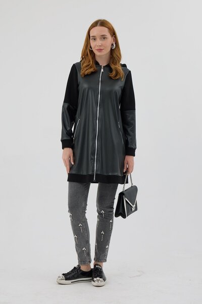 Moodbasic Kapşonlu Deri Detaylı Şardonlu Kap - Siyah