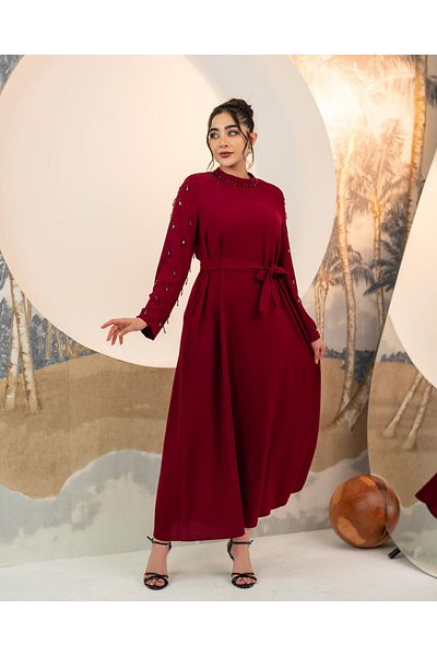 YAFA CLOTHING & ACCESSORIES Hand Embroidered Dress Burgundy