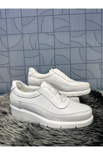 Anıl Ayakkabı Napa Women's White Genuine Leather Comford Wedge Heel Rubber Detail Daily Orthopedic Casual Shoes