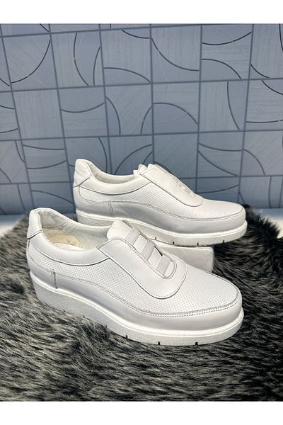 Anıl Ayakkabı Napa Women's White Genuine Leather Comford Wedge Heel Rubber Detail Daily Orthopedic Casual Shoes