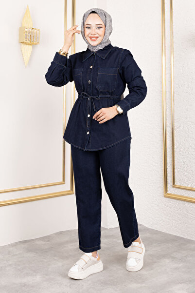 Tesettür Dünyası Drawstring Waist Denim Suit Tsd250186 Dark Blue