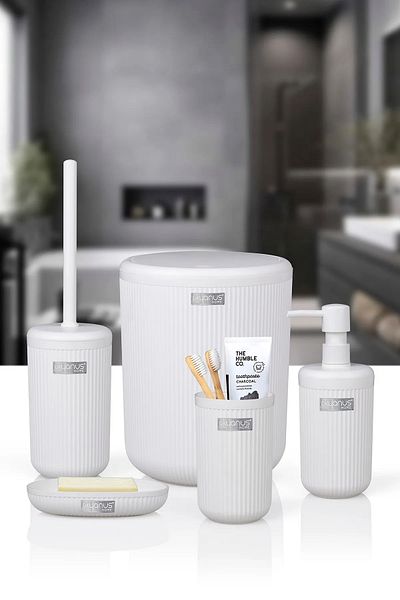 Hanedanev Ocean Mina White Striped Round Bathroom Set 5 Pieces 430B