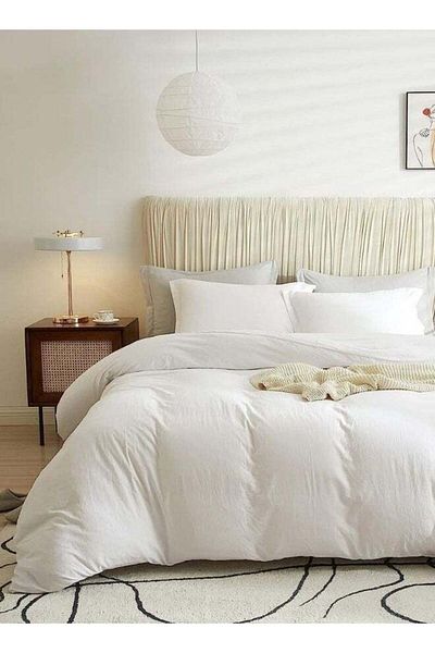 LUNA HOME Single Size 4 Pieces Bedding Set Washable Cotton Snow White