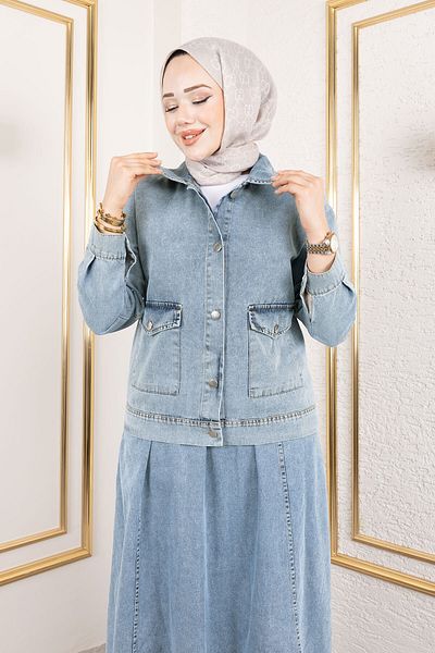 Tesettür Dünyası Pocket Buttoned Skirt Jeans Suit Tsd250184 Light Blue