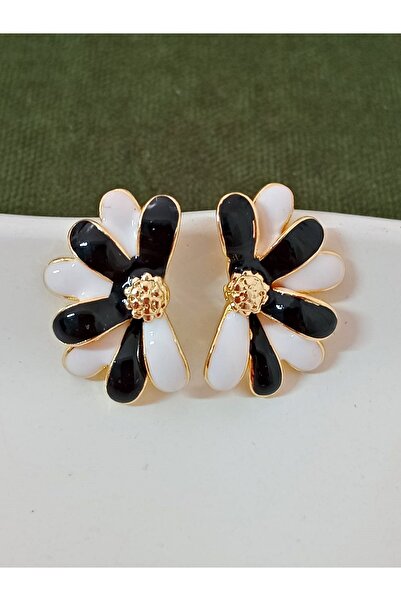 mos&more Siyah Beyaz Yarım Çiçek Küçük Kadın Küpe