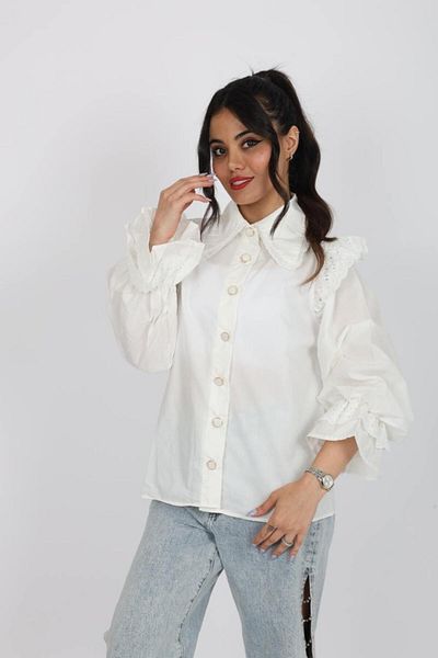 Stil Sepeti Women's White Collar and Sleeves Scalloped Button Detailed Shirt Esc-1000789125