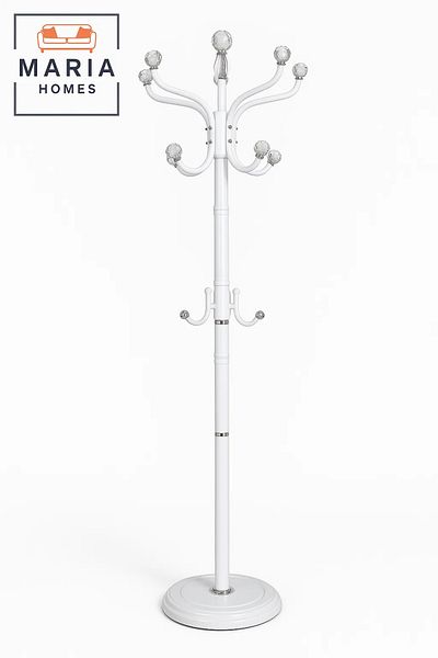 MARIA HOMES Freestanding White Metal Coat Rack with Multiple Chrome Hooks