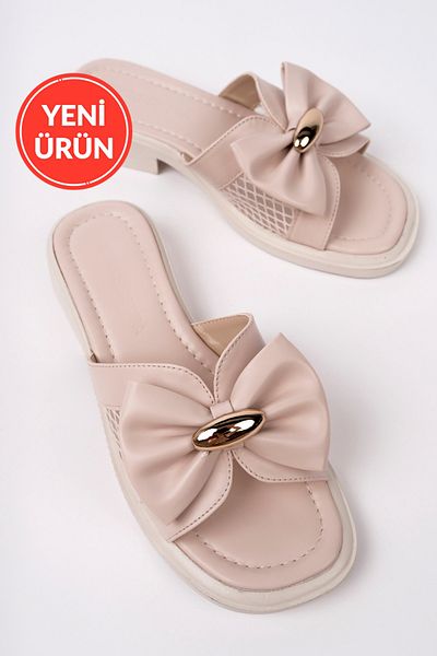 MARSHETTA Fionella Model Bow Buckle Detailed Side Mesh Daily Beige Women's Slippers