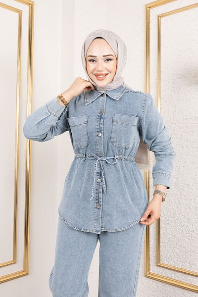 Tesettür Dünyası Drawstring Waist Denim Suit Tsd250186 Light Blue