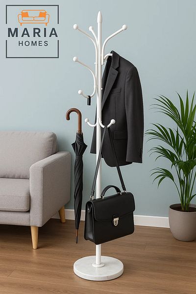 MARIA HOMES White Metal Coat Rack with Curved Arms and Marble-Look Base