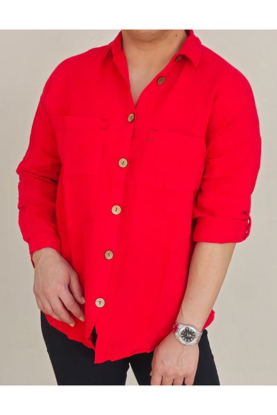 GüneşIşığı Women's Wooden Button Folding Sleeve Double Pocket Casual Wide Loose Fit 75% Cotton 25% Linen Shirt