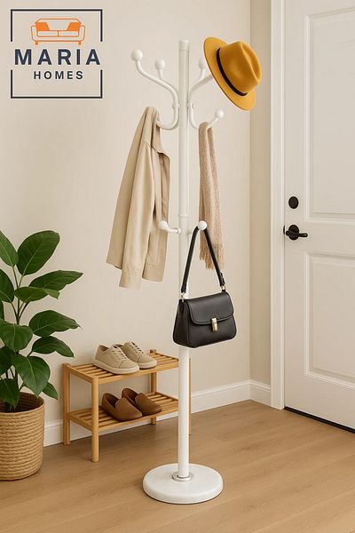 MARIA HOMES White Multi-Hook Coat Rack with Round Marble-Look Base