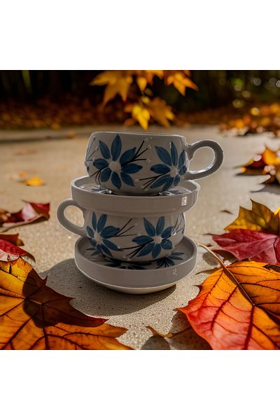 Çiporcal Beren Blueish Star Flower 2Pcs Plate Mug Set Hand Decor