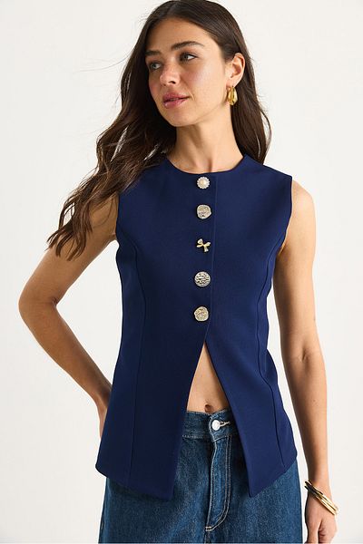 Bianco Lucci Women's Regular Bisilet Collar Gold Button Detailed Lined Woven Vest 9005 60283150