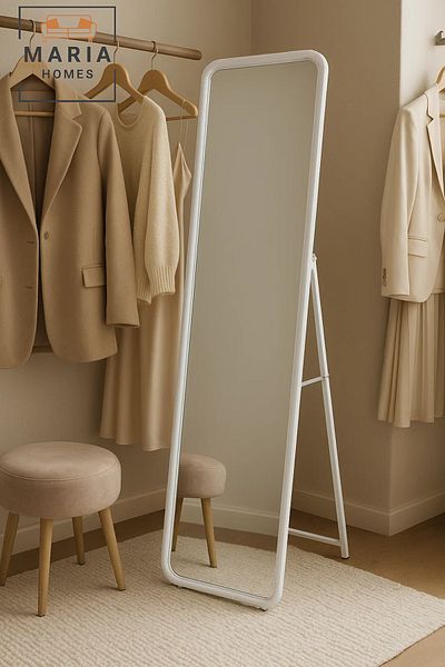 MARIA HOMES White Standing Full-Length Mirror with Rounded Frame Minimalist Design for Bedroom or Dressing Room