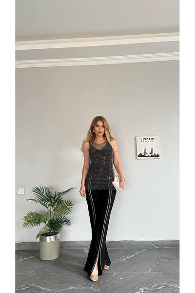Bella Belluci New Season Side Zipper Trousers Stoned Blouse Stretchy Compact Fabric Triple Suit