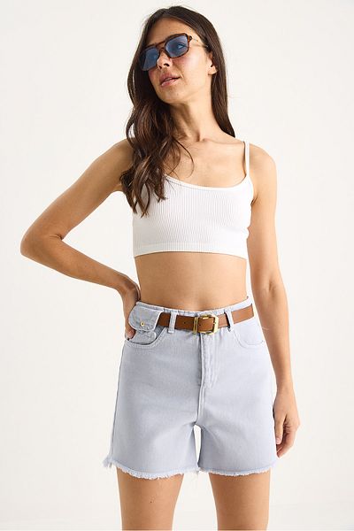 Bianco Lucci Women's Belted Canvas Gabardine Denim Shorts