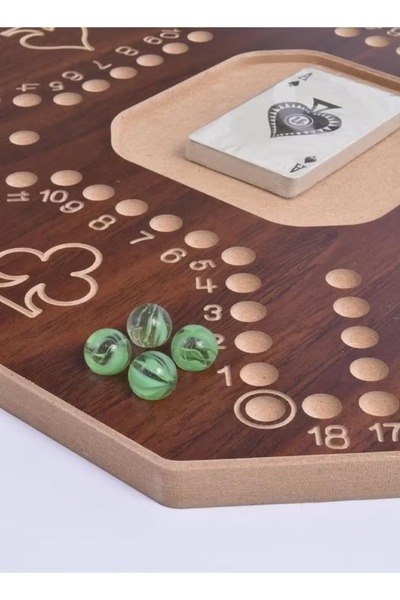 Generic Wooden strategy game table for four players with glass marbles and cards, 40x40 cm