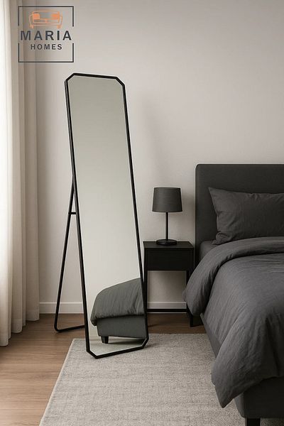 MARIA HOMES Black Full-Length Dressing Mirror with Angled Corners – 160x40cm Standing Floor Mirror for Bedroom