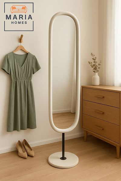 MARIA HOMES Modern White Full-Length Oval Mirror with Metal Stand – 169x40 cm