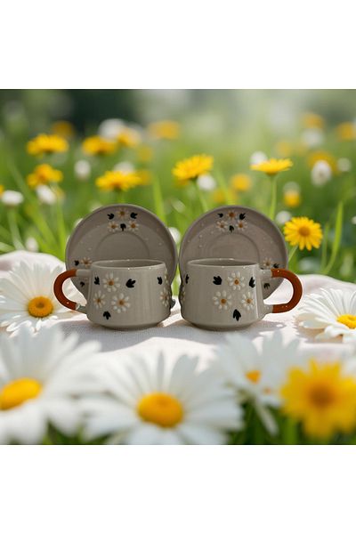 Çiporcal Classic Chamomile Triangle Set of 2 Plates Mug Set Hand Decor
