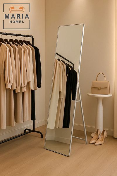 MARIA HOMES Full-Length Standing Mirror 155x44 cm – Silver Frame Floor Mirror for Bedroom & Dressing Room