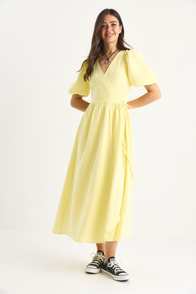 Bianco Lucci Kadın Kruvaze Kapamalı Balon Kollu Uzun Müslin Elbise 3034 60283364