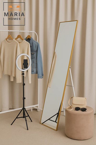 MARIA HOMES Modern Golden Framed Standing Mirror – 155x44 cm Full-Length Floor Mirror