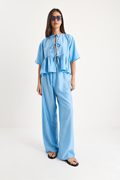 Bianco Lucci Women's Lacing Detailed Short Sleeve Blouse Pants Bottom-Top Suit 9265 60281014