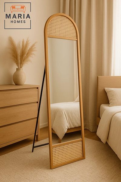 MARIA HOMES Arched Rattan Full-Length Standing Mirror Natural Wood Frame Mirror for Bedroom & Dressing Area