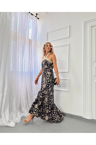 1Moda1Tarz Γυναικείο Εισαγόμενο Λινό Ύφασμα Φόρεμα Ειδικού Σχεδιασμού με Λεπτομέρεια Φύλλου Πέτο