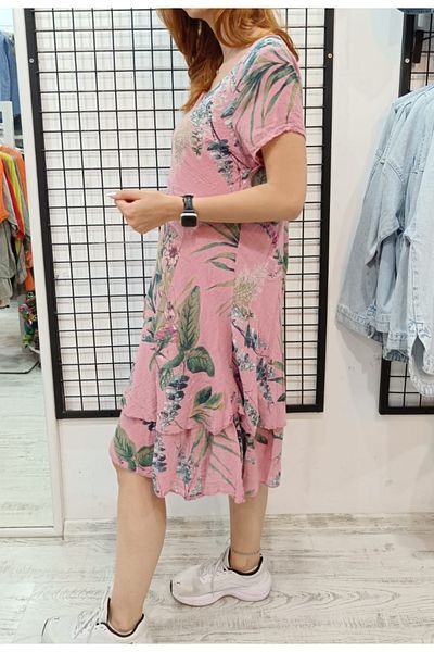Butik Şans Floral Print Short Sleeve V Neck Italian Cotton Dress