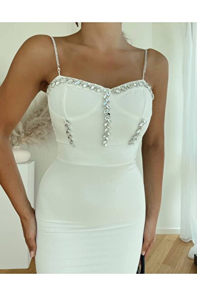 1Moda1Tarz Γυναικείο Εισαγόμενο Ύφασμα Πέτρα Κεντημένο Λουράκι Λεπτομερές Φόδρα Φόρεμα Ειδικού Σχεδιασμού