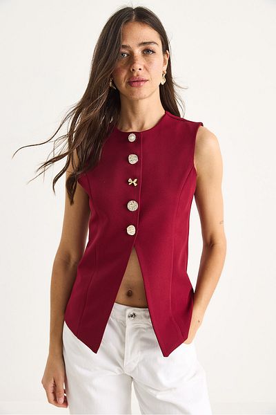 Bianco Lucci Women's Regular Bisilet Collar Gold Button Detailed Lined Woven Vest 9005 60283150