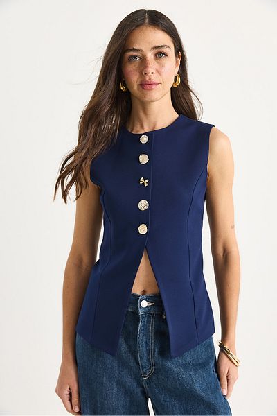 Bianco Lucci Women's Regular Bisilet Collar Gold Button Detailed Lined Woven Vest 9005 60283150