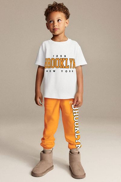 KidsSel New Season Boy's Cotton Orange Brooklyn Written Tshirt Shorts Bottom Top Set