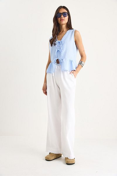 Bianco Lucci Women's Elastic Waist Leg Detailed Palazzo Mold Cotton Gabardine Summer Trousers 60283323