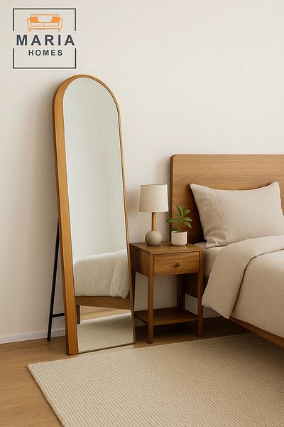 MARIA HOMES Modern Arched Standing Mirror in Walnut Finish – 160x60 cm Full-Length Dressing Mirror