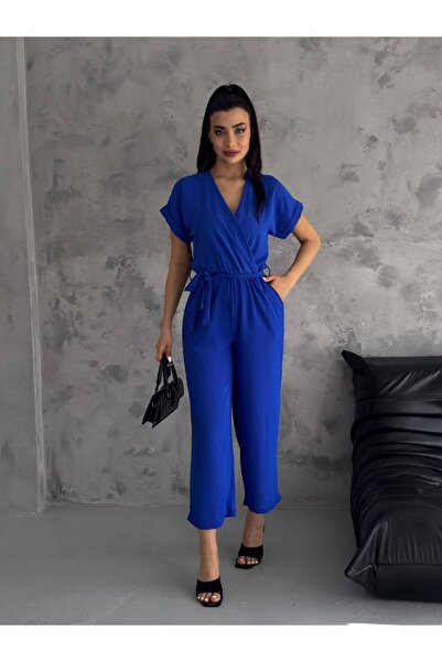 Bella Breeze Kadın Kruvaze Yaka Aerobin Kumaş Kuşaklı Kısa Kollu Şık Tulum