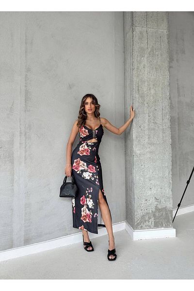1Moda1Tarz Γυναικείο φόρεμα ειδικής σχεδίασης με λουλουδάτο μοτίβο με λουράκι με λεπτομέρεια αλυσίδας με σχισμή