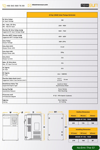 TNL SOLAR GÜNEŞ ENERJİ SULAMA SİSTEMİ 20Hp (15 kW) Solar Pompa Sürücüsü (Trifaze) 585 W Güneş Paneli