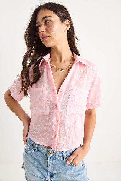 Bianco Lucci Women's Self Striped Double Pocket Detailed Viscose Crop Shirt 2110 60283409