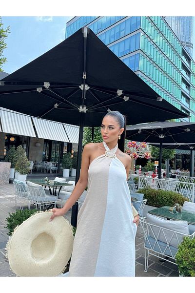 1Moda1Tarz Γυναικείο Εισαγόμενο Λινό Ύφασμα Επένδυση Ζαρτιέρα Δίχρωμο Μάξι Φόρεμα Ειδικού Σχεδιασμού
