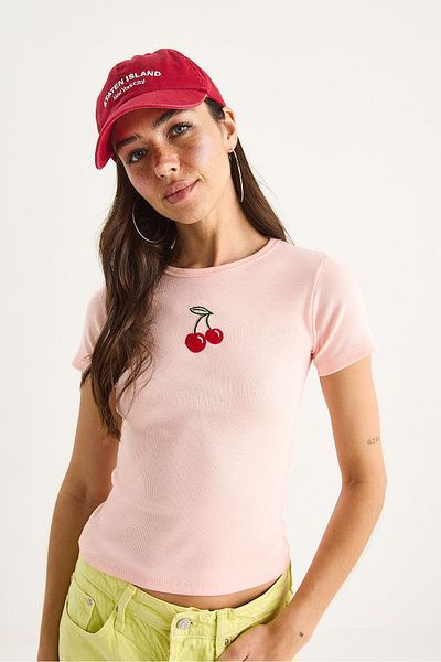 Bianco Lucci Women's Cherry Embroidered Ribbed Basic Crop T-Shirt 4053 60283400