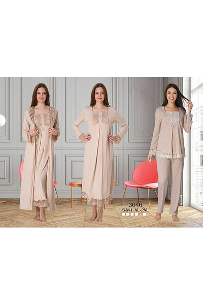 Lohussa Beige Special Design Lace Long Sleeve Cotton Maternity Maternity Dressing Gown, Pajama Set, Nightgown Set of 4