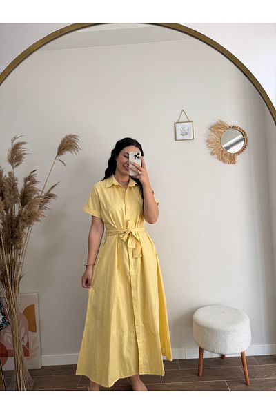 DUSOHOME Rochie cămașă maxi cu mâneci scurte din in galben cu curea