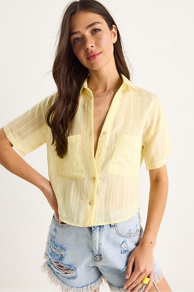 Bianco Lucci Women's Self Striped Double Pocket Detailed Viscose Crop Shirt 2110 60283409