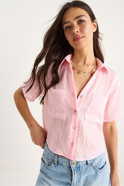 Bianco Lucci Women's Self Striped Double Pocket Detailed Viscose Crop Shirt 2110 60283409