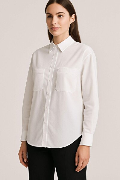 dk denemekabini Women's Double Pocket T-Shirt Fabric Shirt - White