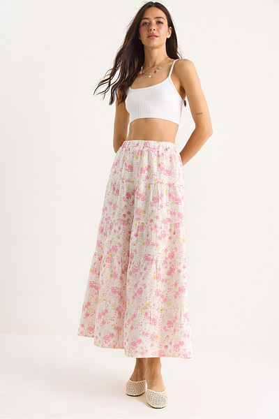 Bianco Lucci Women's Floral Patterned Flounced Lined Muslin Loose Casual Skirt 5028 60283404